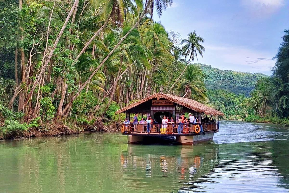 Island Escape Package Traditional wooden boat with thatched roof carrying tourists on a river surrounded by tall palm trees and lush tropical jungl
