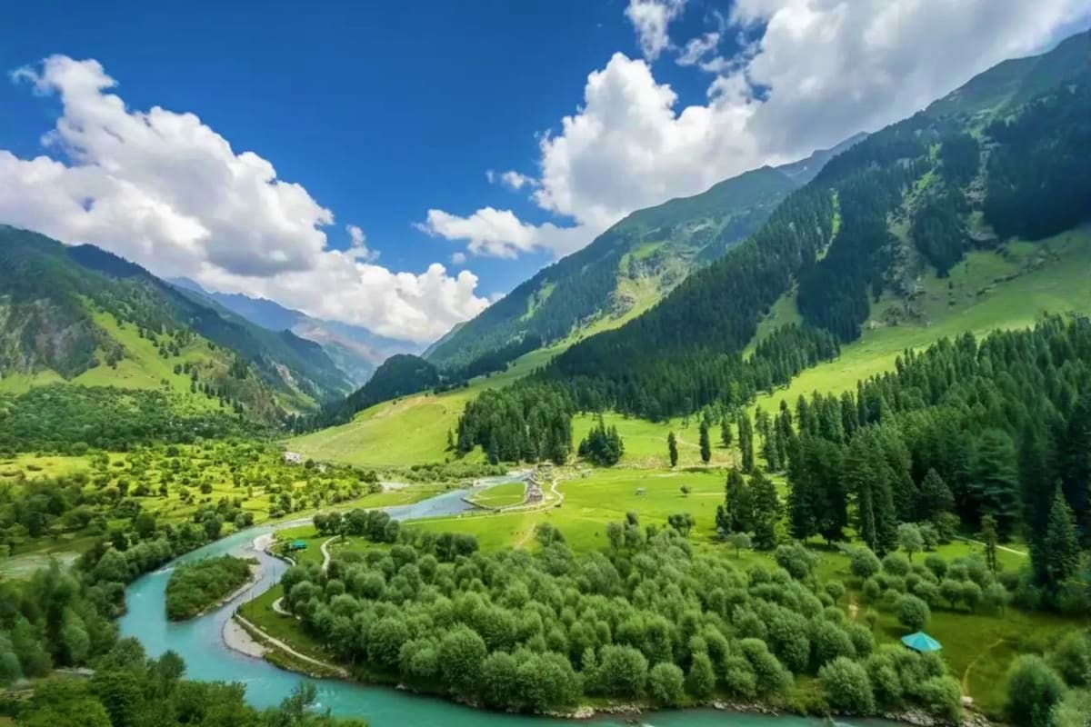 Turquoise river winding through lush green valley with coniferous forests and snow-capped mountains under blue sky with white