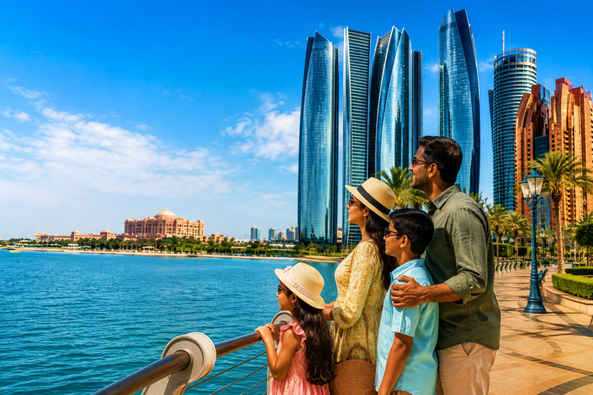 Abu Dhabi Holiday with Free UAE Visa for Indians Family of four enjoying waterfront promenade in Abu Dhabi with modern skyscrapers and blue Arabian Gulf waters in background