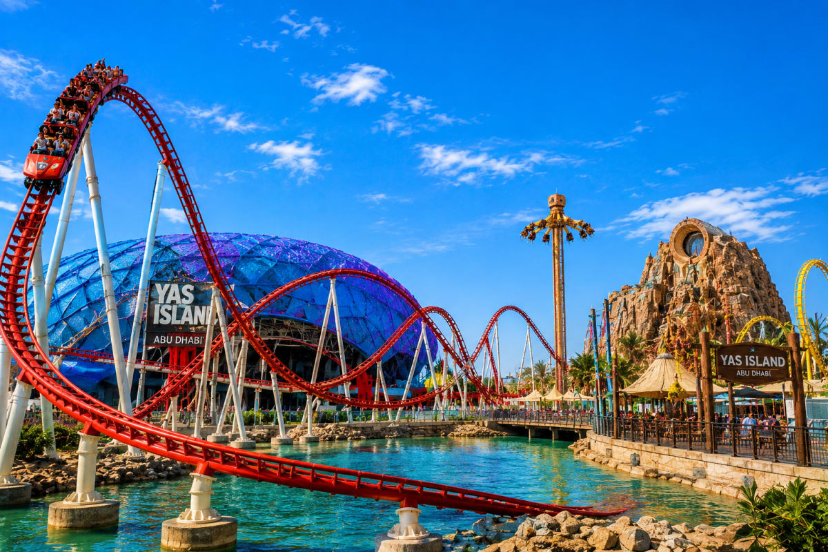 Yas Island Abu Dhabi theme park with red roller coaster, blue dome structure, and turquoise water lagoon under clear blue sky