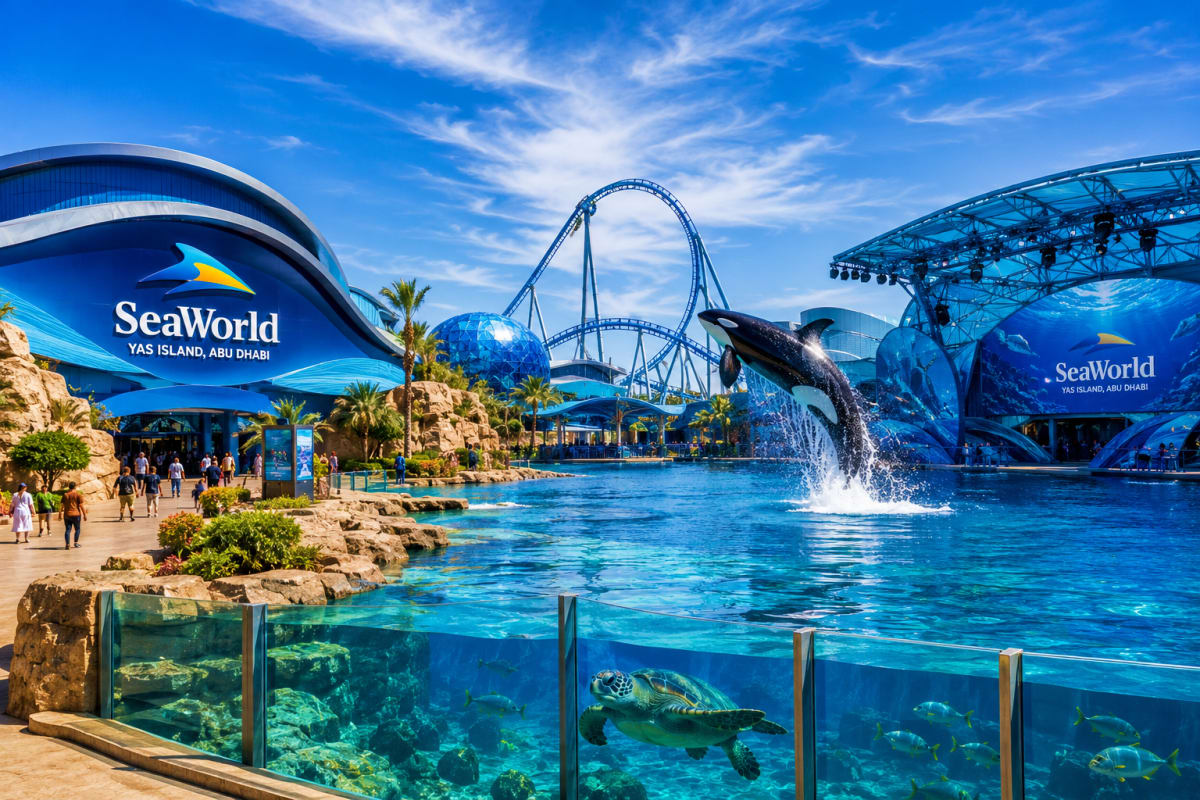 SeaWorld Abu Dhabi theme park with orca whale jumping in pool, roller coaster, and underwater viewing tunnel with marine life