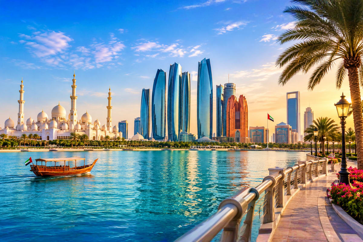 Abu Dhabi Holiday with Free UAE Visa for Indians Abu Dhabi waterfront promenade with Sheikh Zayed Grand Mosque, modern skyline skyscrapers, traditional dhow boat, and palm tr