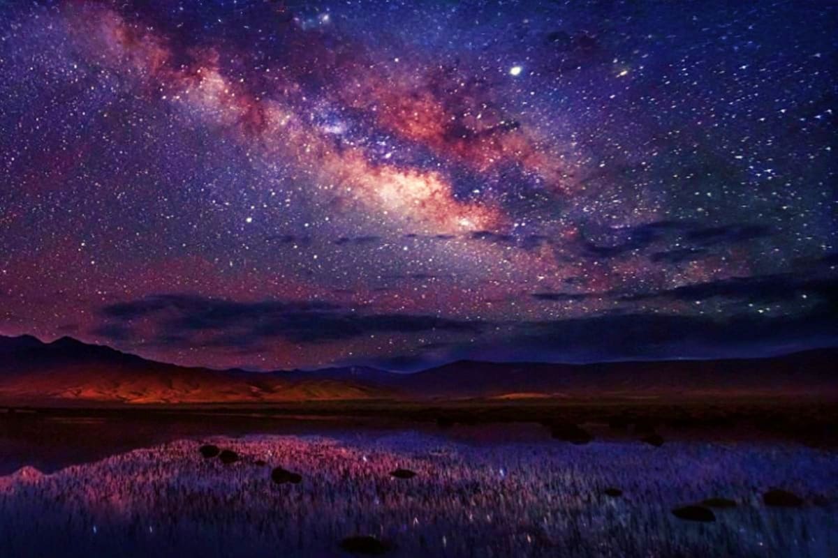 Milky Way galaxy stretching across night sky above mountains and reflective lake in Ladakh landscape
