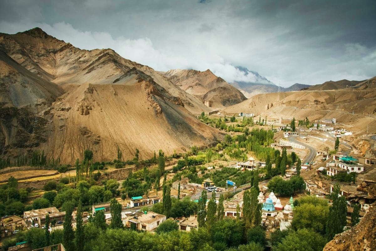 Mountain valley village with scattered buildings, poplar trees, and barren peaks under cloudy sky in Ladakh region