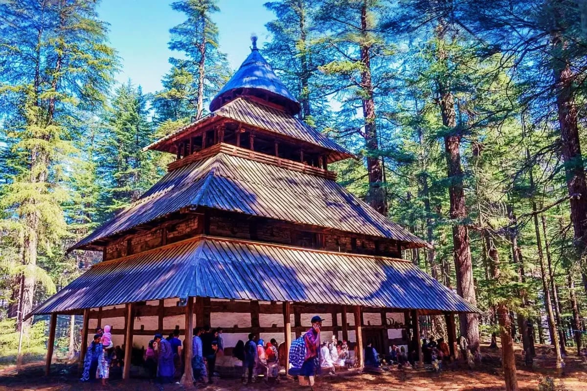 Wooden temple with blue roof surrounded by tall pine trees and visitors in Himachal Pradesh forest area