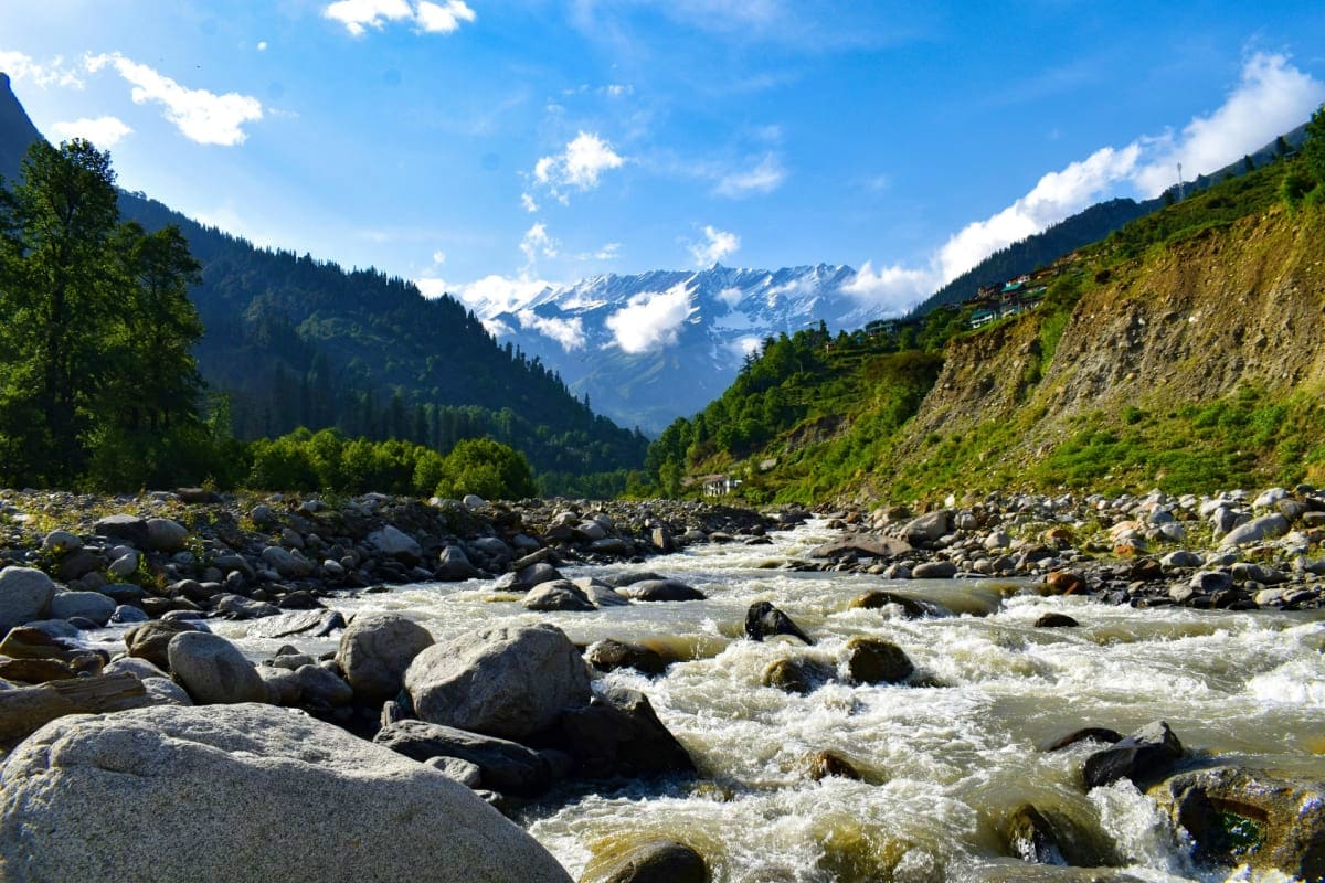 Rushing mountain river flowing through rocky terrain with snow-capped Himalayan peaks and forested slopes in the background u
