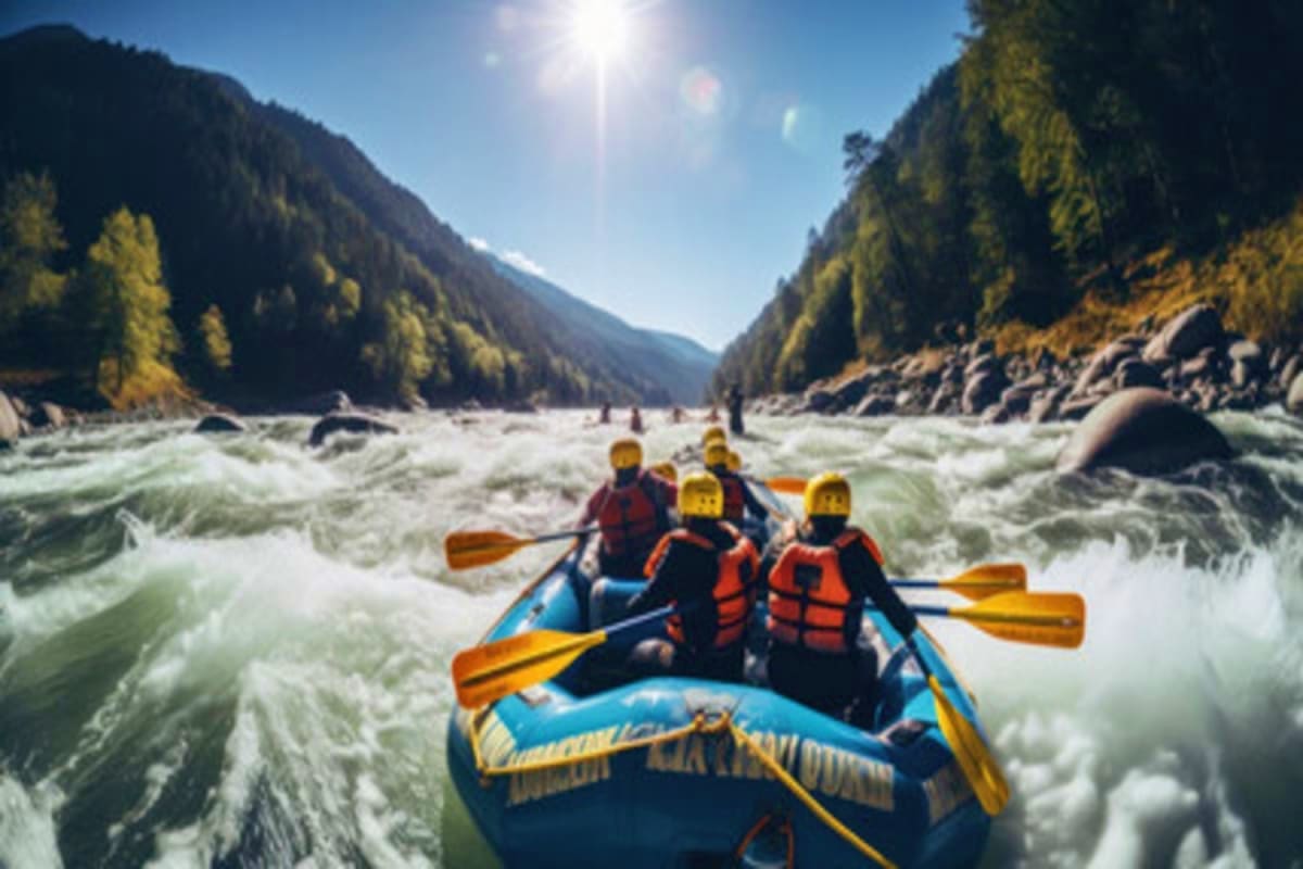 Group of people white water rafting on turbulent river in mountain valley with coniferous forest and rocky cliffs