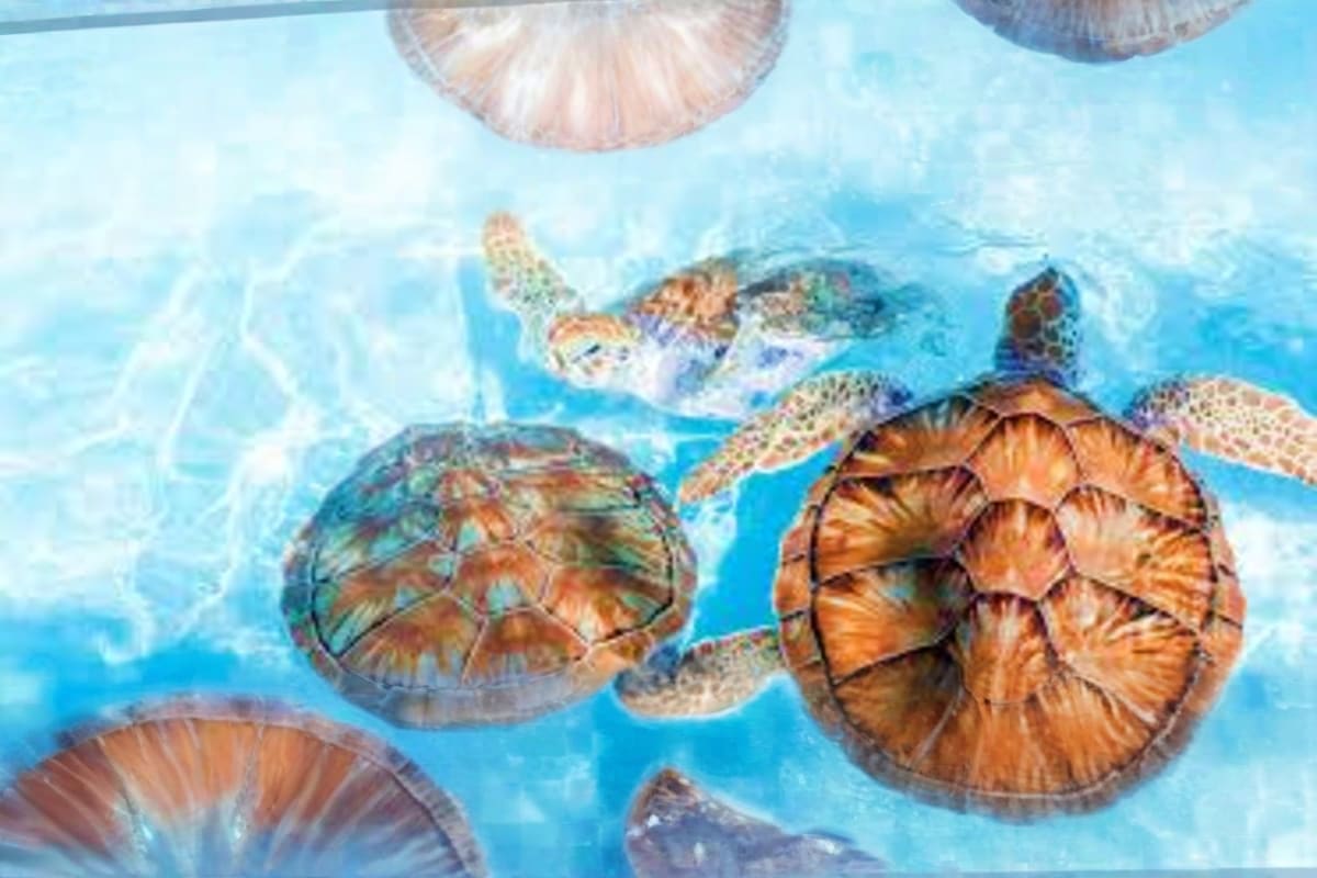 Sea turtles swimming in clear turquoise water with straw beach umbrellas visible above