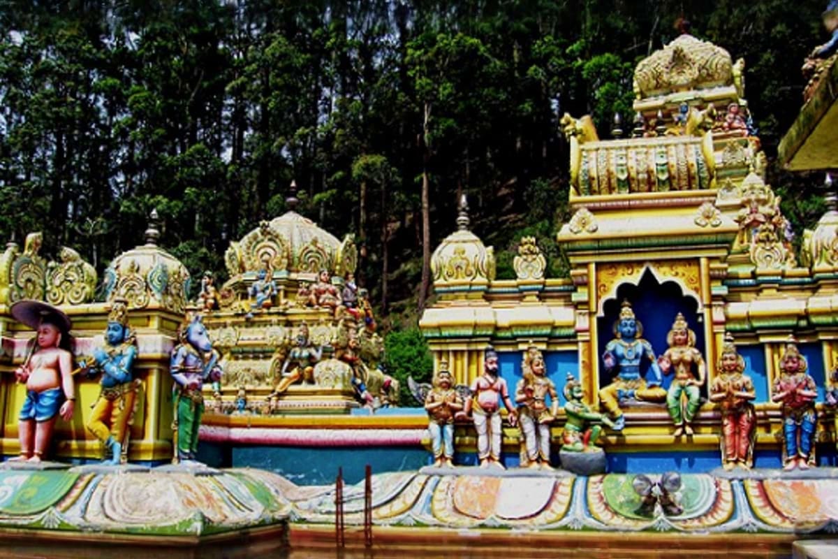 Ornate Hindu temple with golden spires and colorful deity statues surrounded by lush forest trees in Sri Lanka