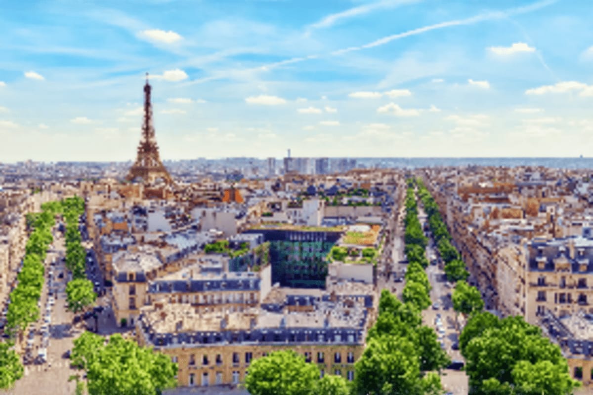 Aerial view of Paris cityscape with Eiffel Tower, tree-lined avenues, and historic Haussmann buildings under blue sky