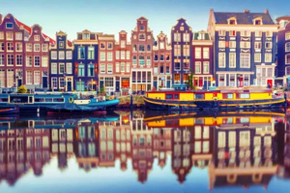 Colorful historic buildings lining a canal with traditional Dutch boats and their reflections in calm water, typical of Amste