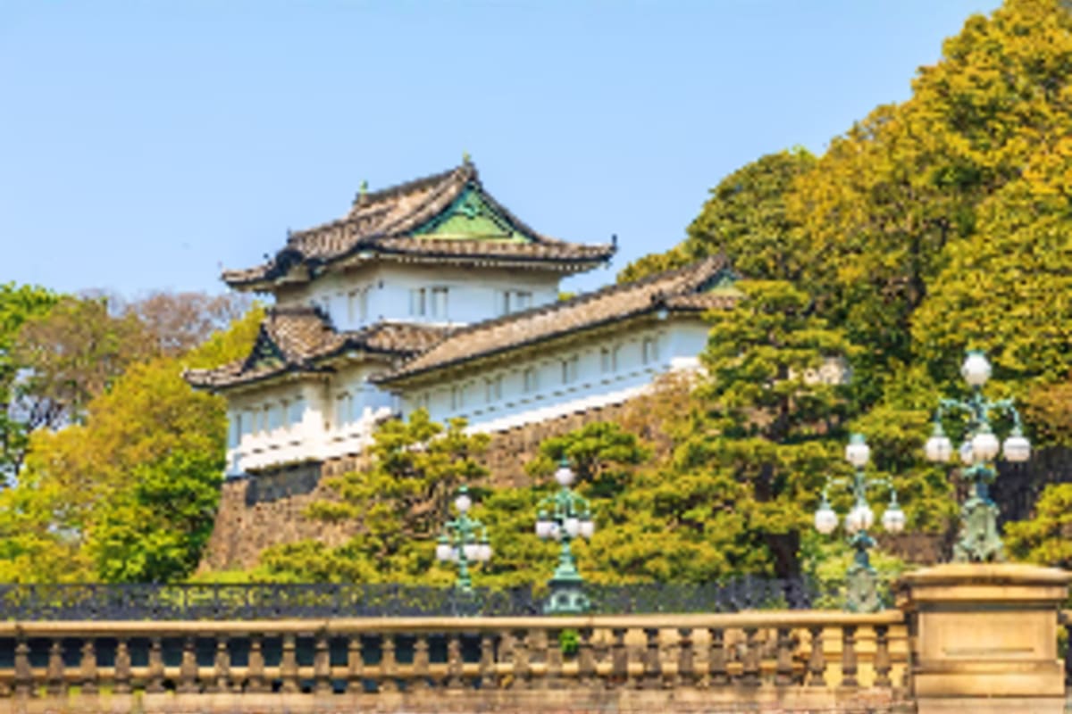 Essential Japan Tour Traditional Japanese castle with curved tiled roofs surrounded by lush green trees and stone walls on a clear day