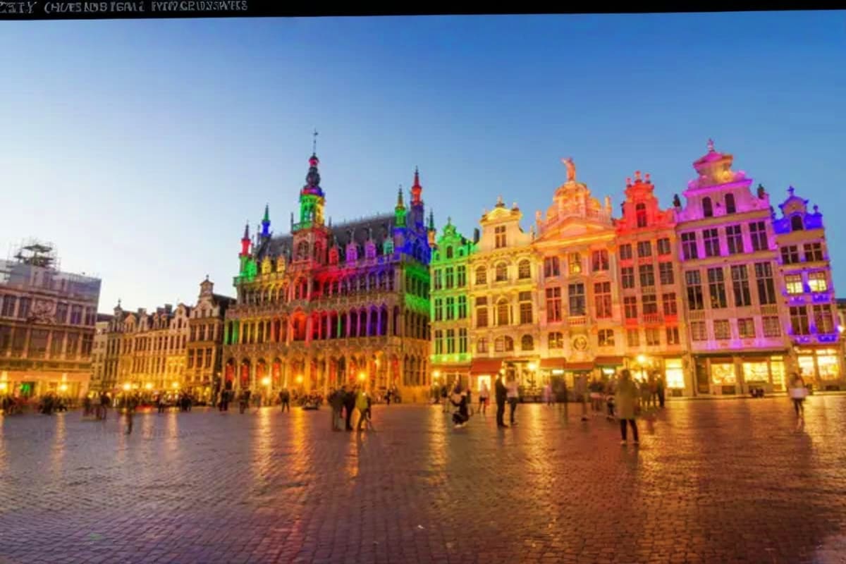 Grand Place in Brussels at night with colorful illuminated Gothic and Renaissance buildings surrounding a historic town squar