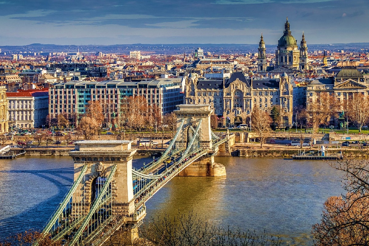 Best of Italy and Eastern Europe Chain Bridge spanning the Danube River in Budapest with golden-domed churches and historic architecture in the background