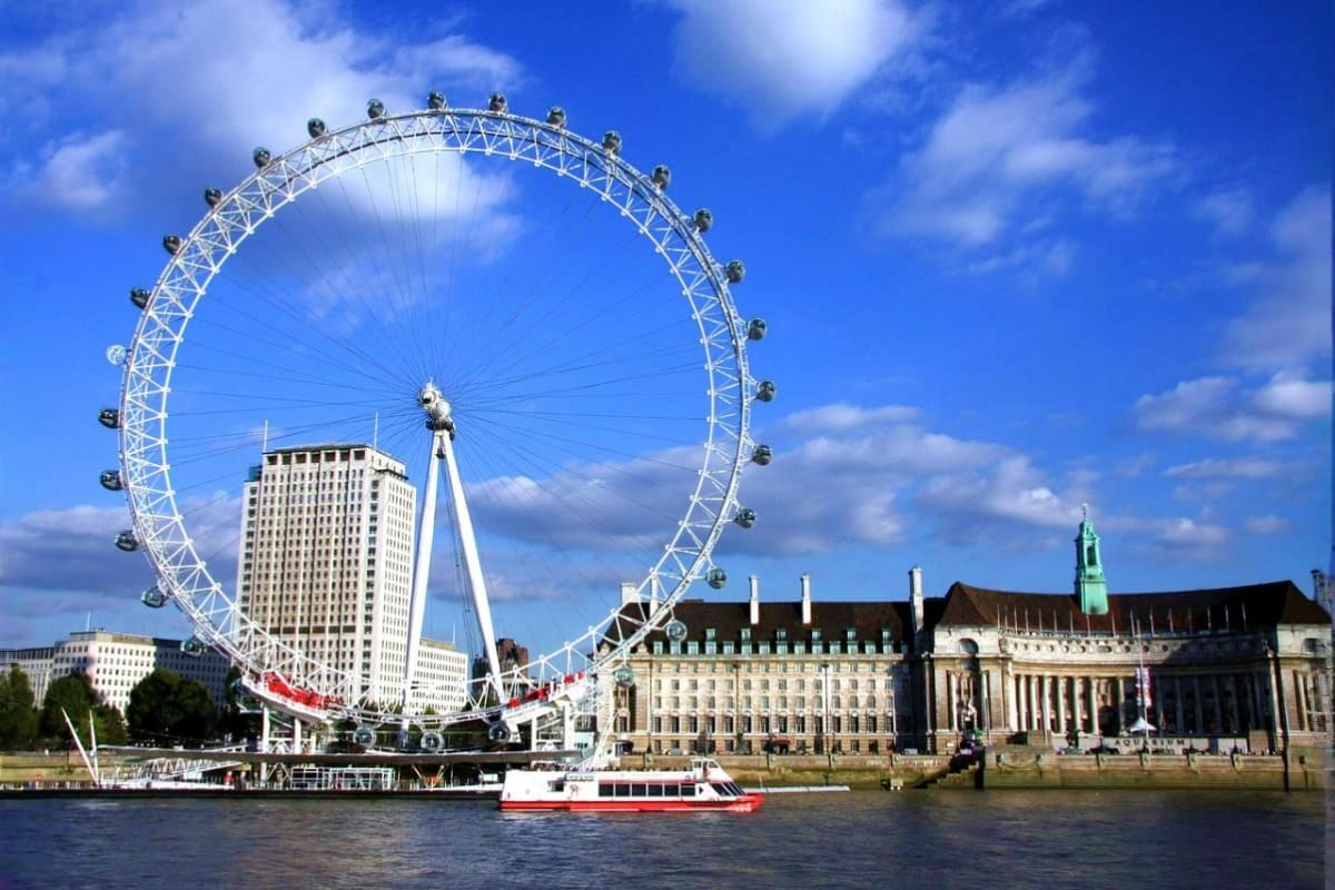 London Eye ferris wheel on the Thames River with historic buildings and tourist boat, representing European city tour attract