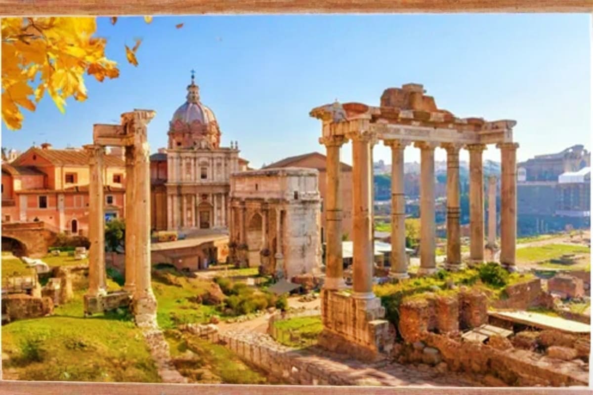 Ancient Roman ruins with Corinthian columns overlooking a Mediterranean city with dome architecture and fall foliage