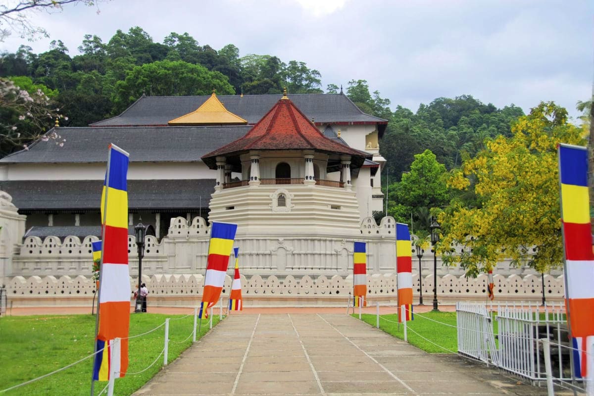 Sri Lanka's Sacred Tooth Relic Temple in Kandy with colorful flags and white ornamental walls surrounded by lush tropical for