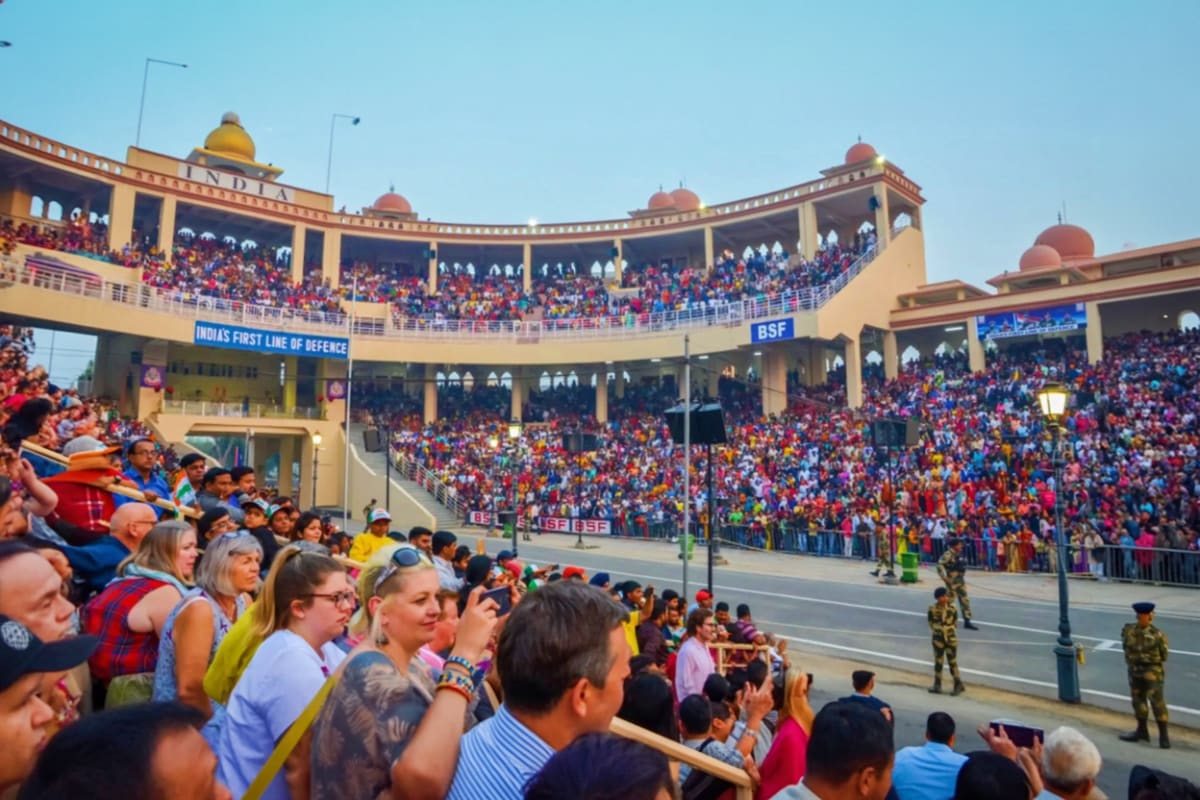 Crowds of spectators in bleachers watching the Wagah border ceremony at India-Pakistan border in Amritsar