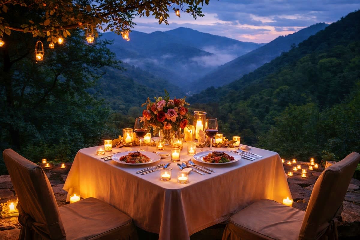 Candlelit outdoor dinner for two overlooking a misty mountain valley at dusk with flower arrangement and wine glasses