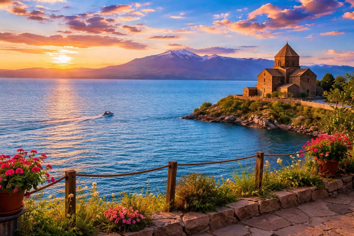 Armenian church on rocky peninsula with Mount Ararat beyond, sunset over Lake Sevan, red flowers in foreground