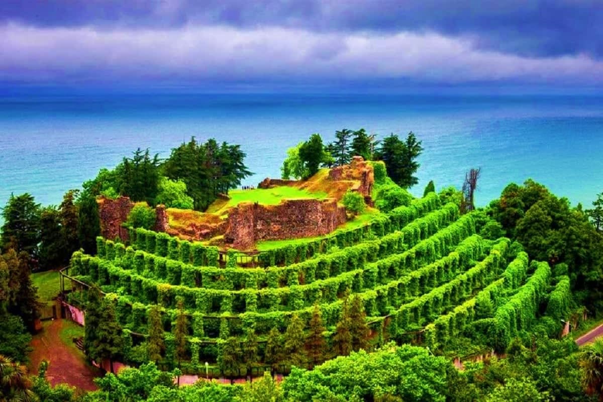 Terraced vineyard rows overlooking the sea with ancient fortress ruins on hilltop in Kakheti wine region, Georgia