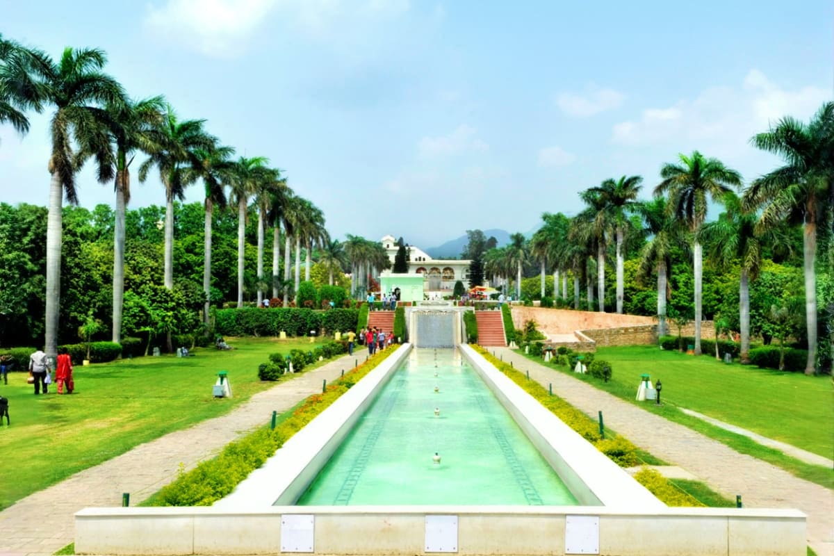 Ornamental garden with central rectangular reflecting pool lined by tall palm trees and manicured lawns, leading to a palatia
