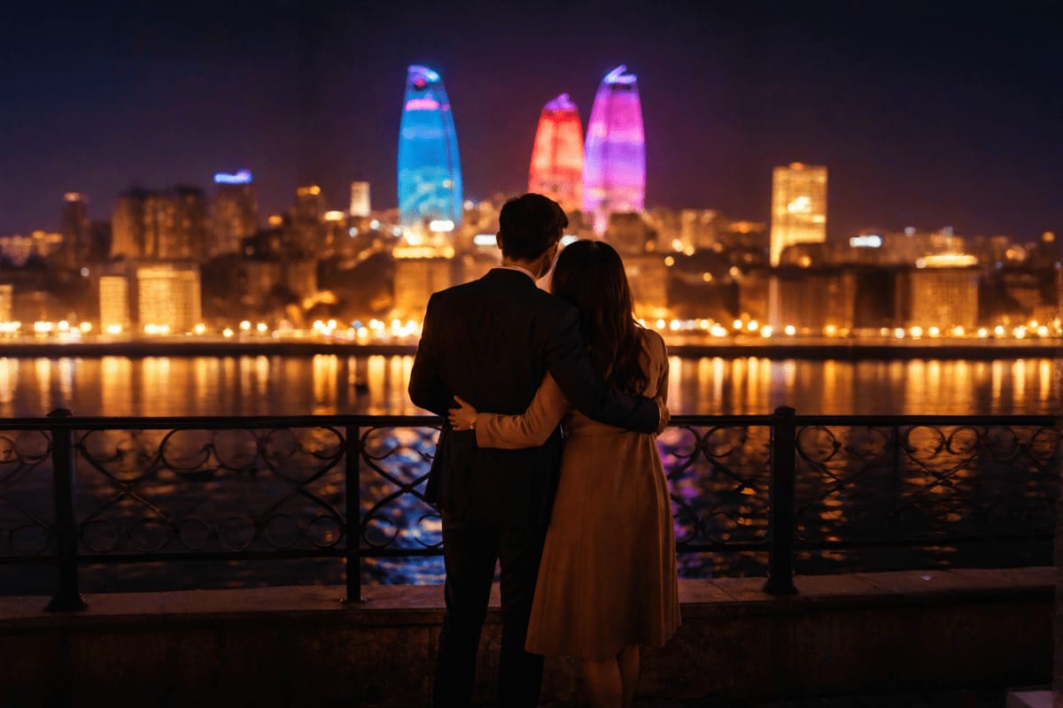 Couple viewing illuminated Flame Towers at night from waterfront promenade in Baku, Azerbaijan