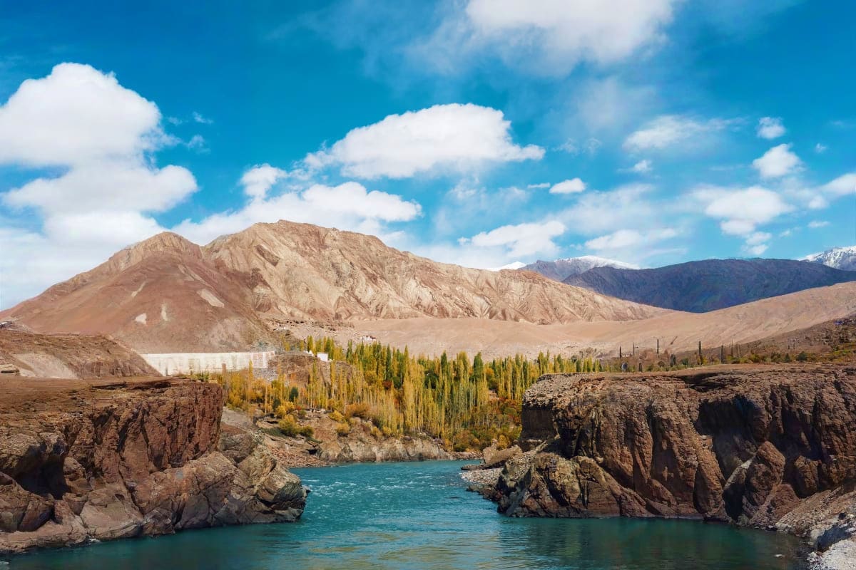 Turquoise river flowing through rocky canyon with poplar trees and barren mountains under blue sky in Caucasus region