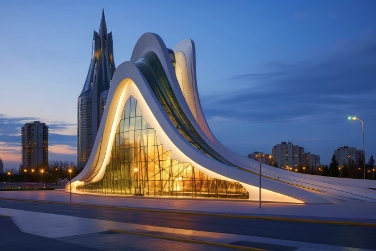 Modern illuminated Heydar Aliyev Center with curved white architecture and tall spire at dusk in Baku, Azerbaijan