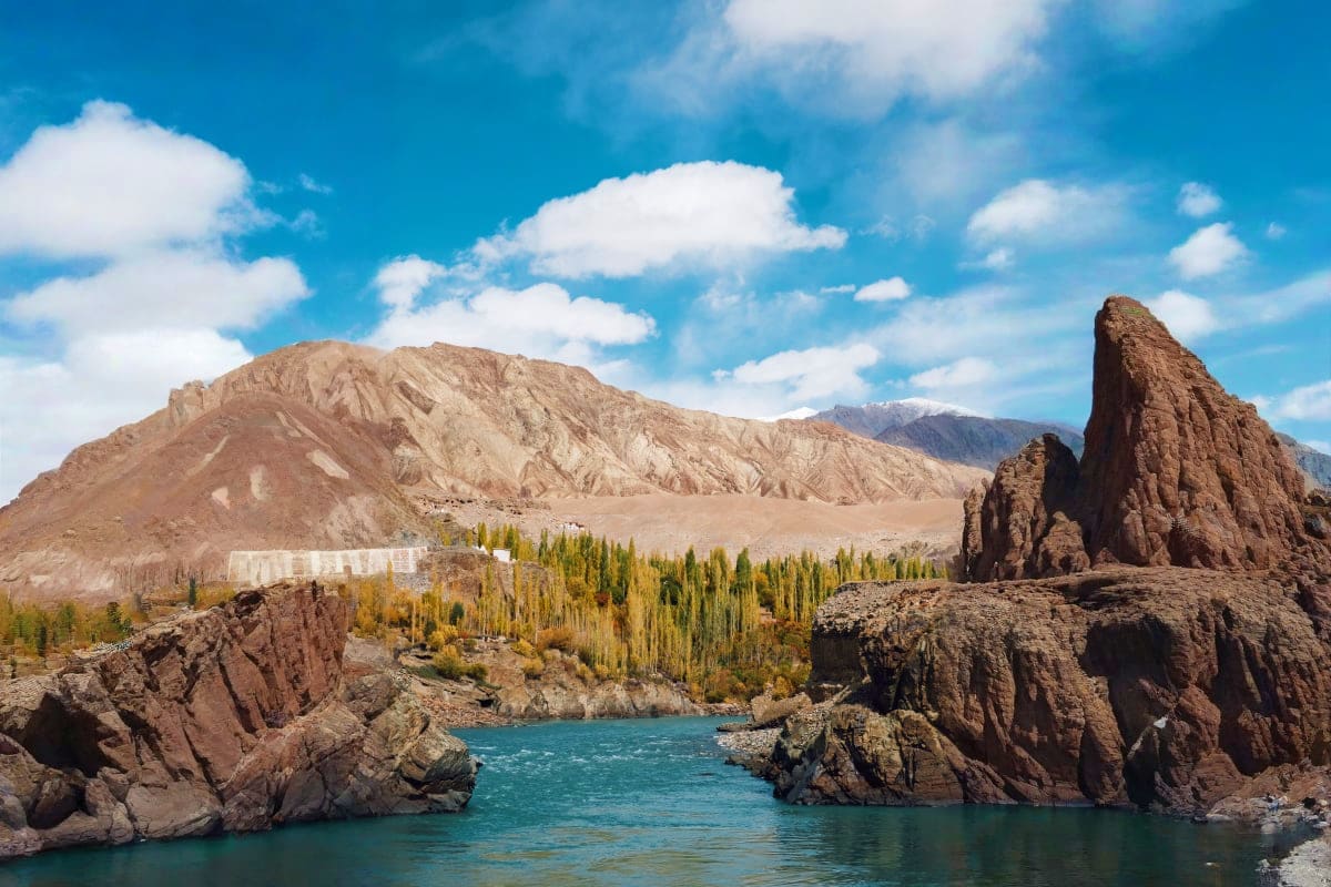 Turquoise river flowing through rocky canyon with poplar trees, barren mountains and blue sky in Caucasus landscape