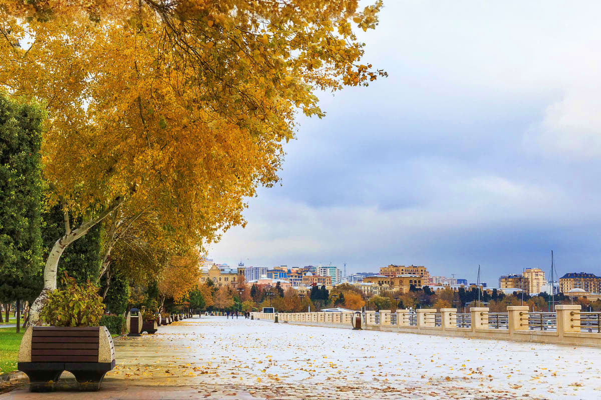 Autumn riverside park in Baku with golden trees, benches, and cityscape skyline across the water