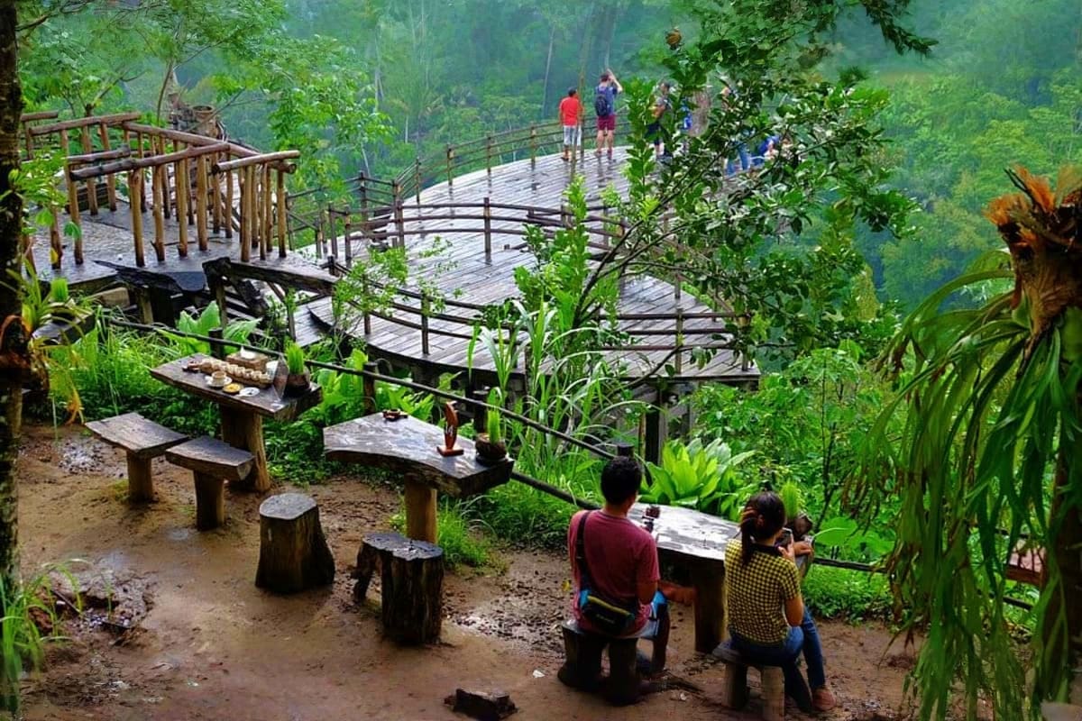 Bali Thrill & Serenity Tourists exploring wooden walkways and viewing platforms through lush tropical forest canopy in Bali with jungle vegetation s