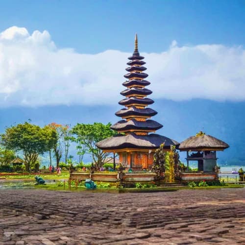 Pura Ulun Danu Bratan temple with tiered pagoda roof on lake in Bali, Indonesia