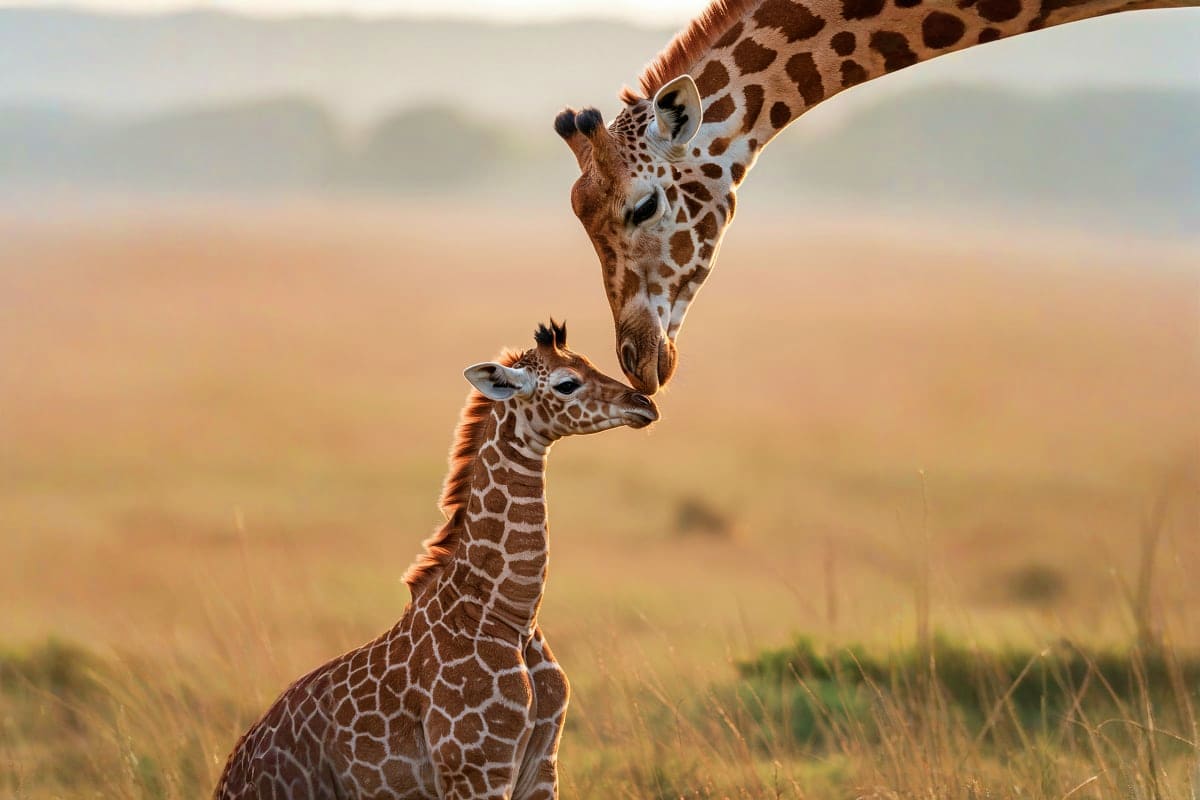 Adult giraffe nuzzling baby giraffe calf in African savanna grassland