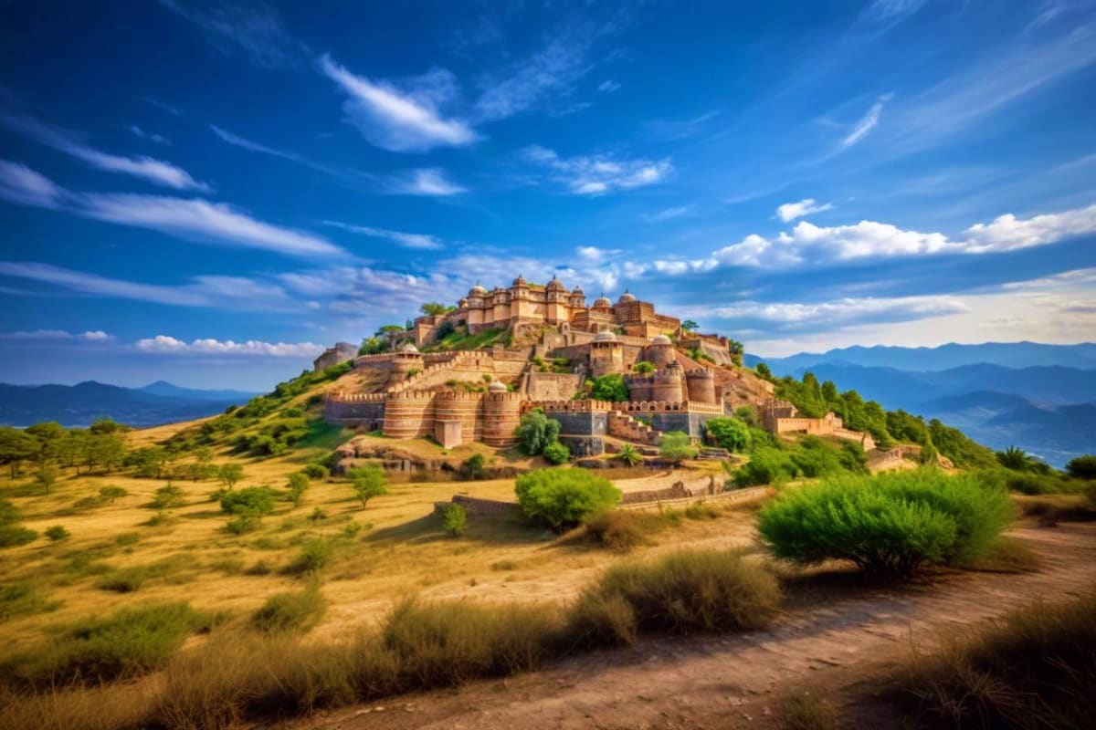 Ancient hilltop fort with golden sandstone walls, domed structures, and turrets surrounded by arid landscape and mountains un