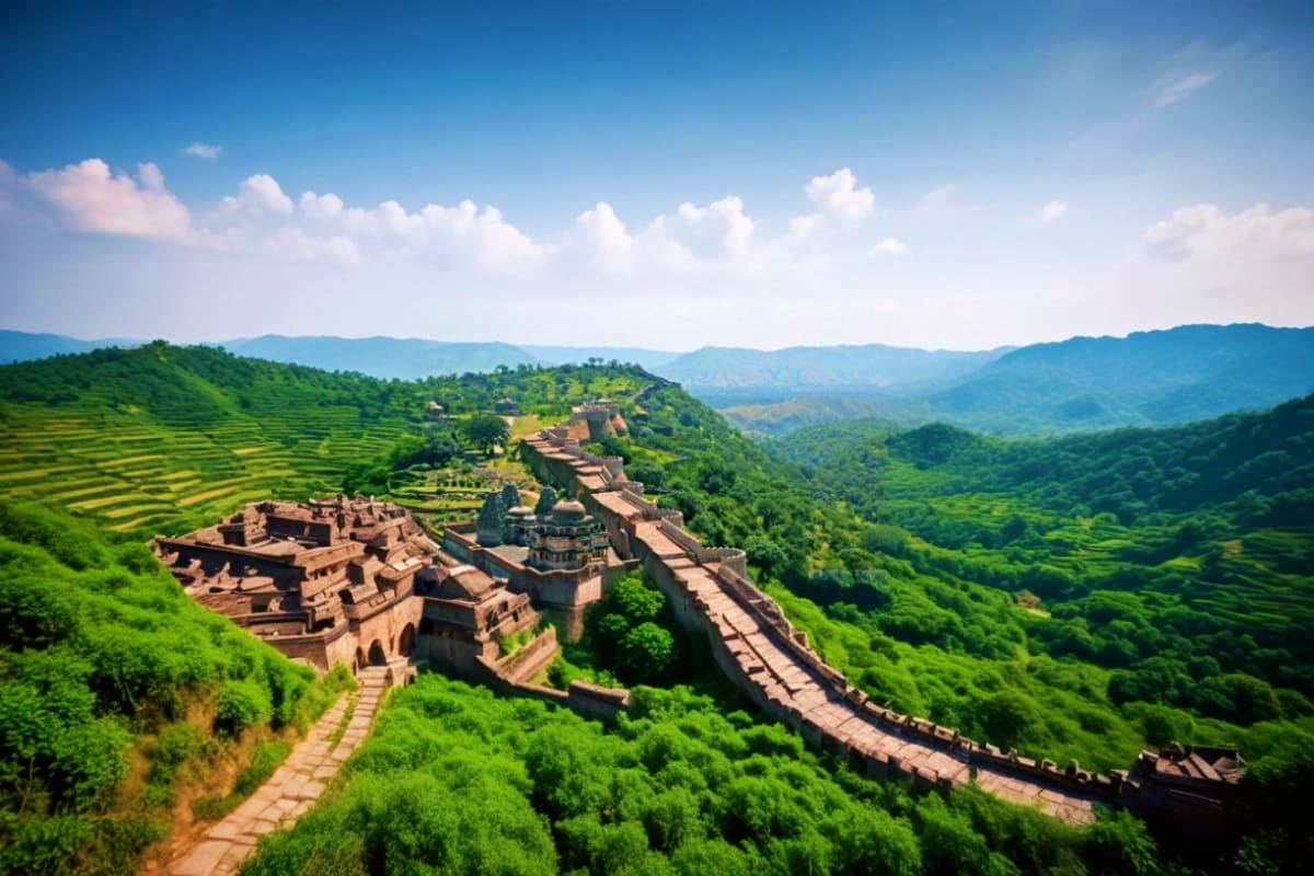 Aerial view of ancient stone fort ruins with defensive walls stretching across green forested mountains under blue sky