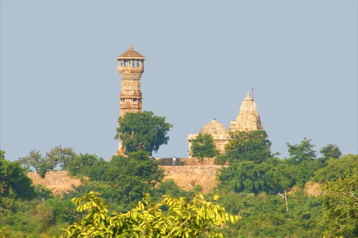 Ancient sandstone fort with ornate tower and temple domes surrounded by green trees and vegetation in Rajasthan