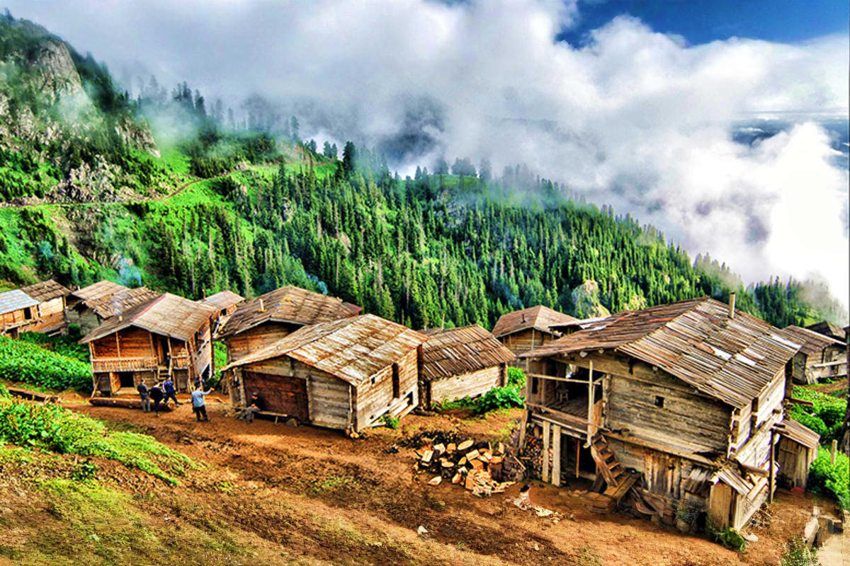 Remote mountain village in Georgia with traditional wooden houses, coniferous forest, and misty peaks in background