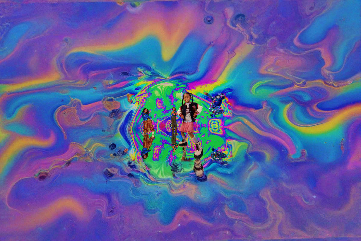 Vibrant psychedelic illustration of people posing with Dubai landmarks and attractions on a swirling neon background with blu