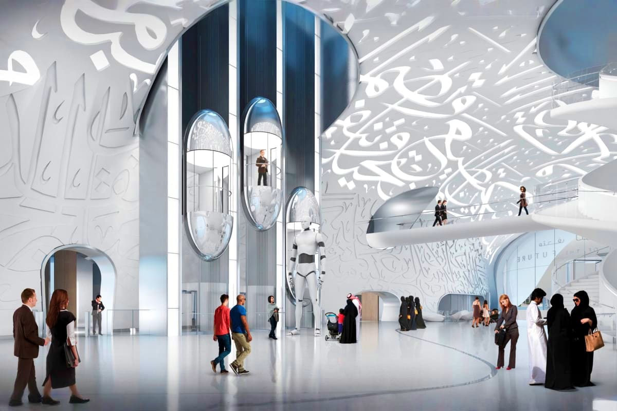 Futuristic spaceship interior with visitors exploring gleaming white walls, curved architectural elements, and illuminated po