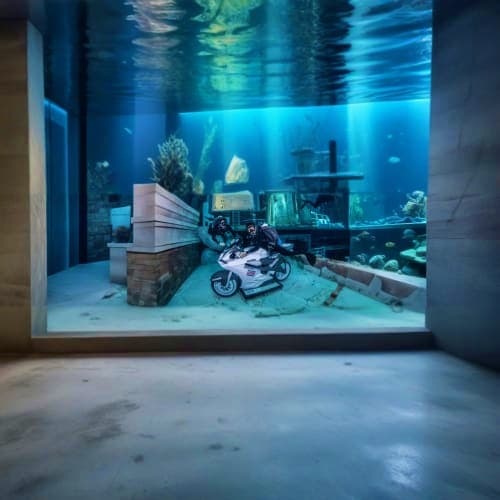 Underwater scene with white motorcycle on sandy seafloor surrounded by coral and artificial structures behind large aquarium 