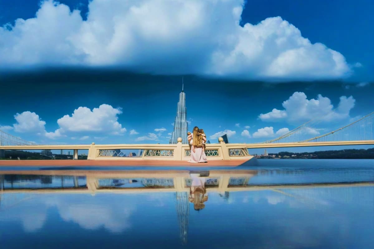 Woman on luxury riverboat with Burj Khalifa tower and bridge reflected in calm blue water under cloudy sky