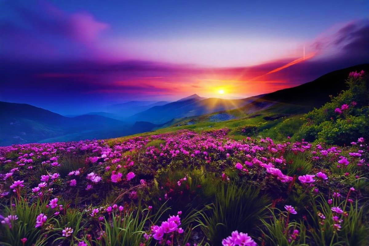 Magenta wildflowers blooming on rolling Himalayan hillside at sunset with mountain peaks and golden sun rays on horizon