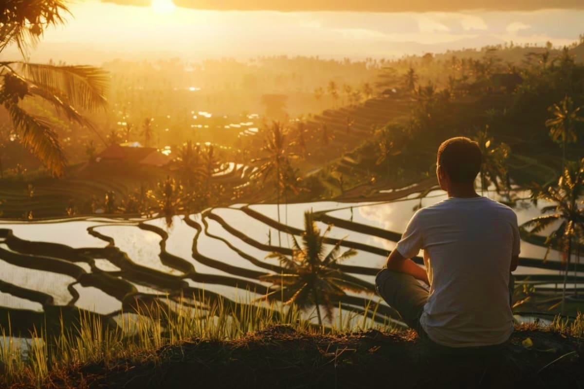 Man sitting overlooking terraced rice paddies at sunset in Bali with palm trees and water reflections