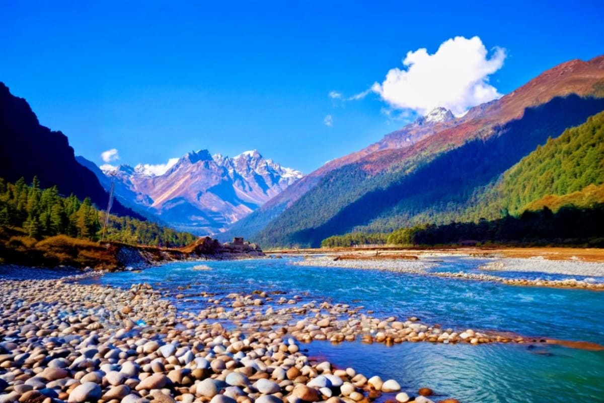 Gangtok to Yumthang Valley Scenic Tour 7 Days Escape Turquoise river with pebble beach in mountain valley surrounded by pine forests and snow-capped peaks under blue sky