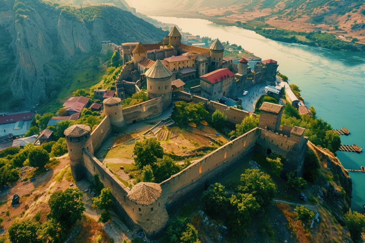 Aerial view of Akdamar Church, a medieval Armenian monastery on an island in turquoise Lake Van, surrounded by mountains and 