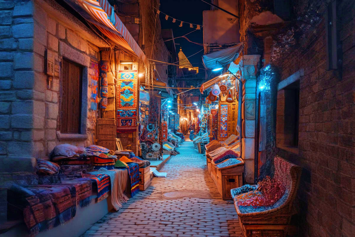 Illuminated nighttime street in historic Egyptian bazaar with colorful textiles and traditional architecture lit by warm and 