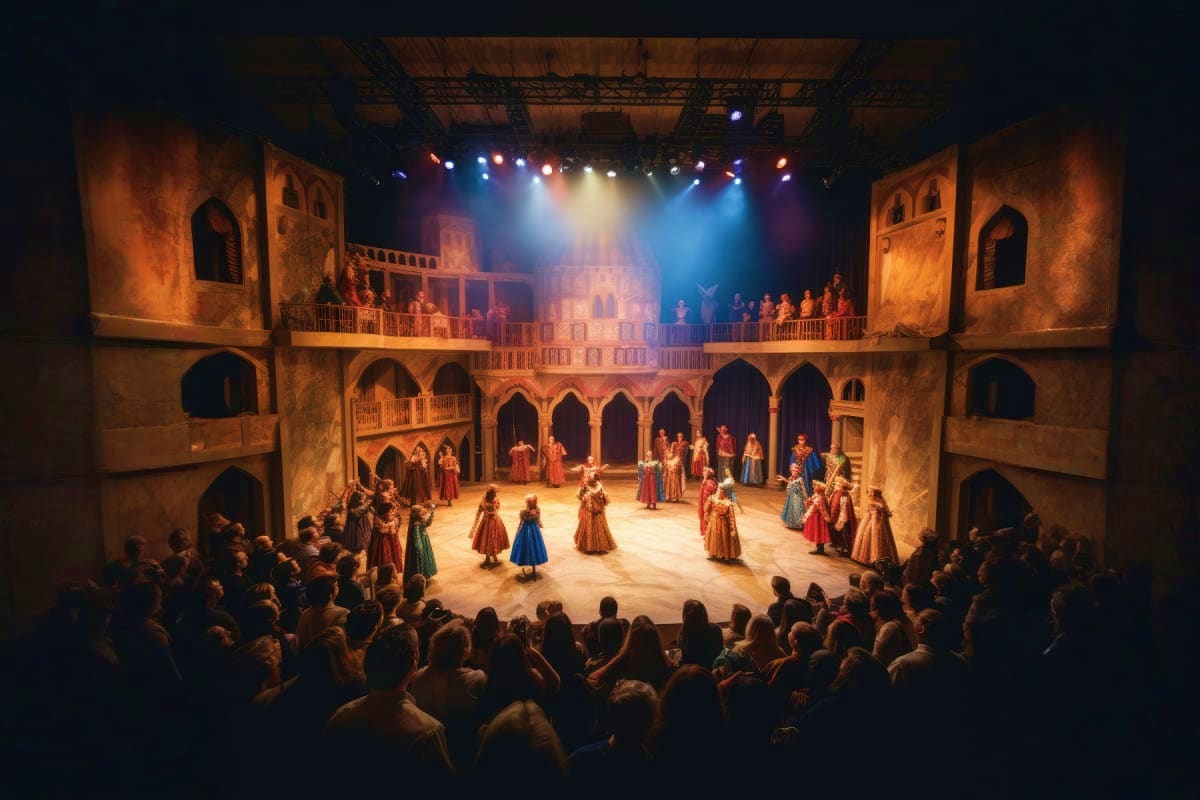 Medieval Georgian theater production on ornate palace stage with costumed performers and audience seated around circular cour