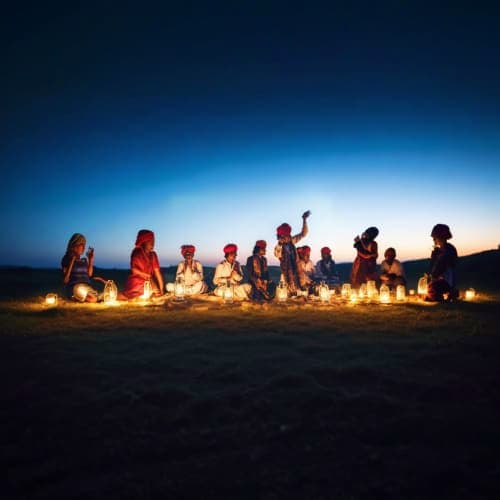 Group of people sitting in circle with lit candles on desert sand at dusk with blue twilight sky