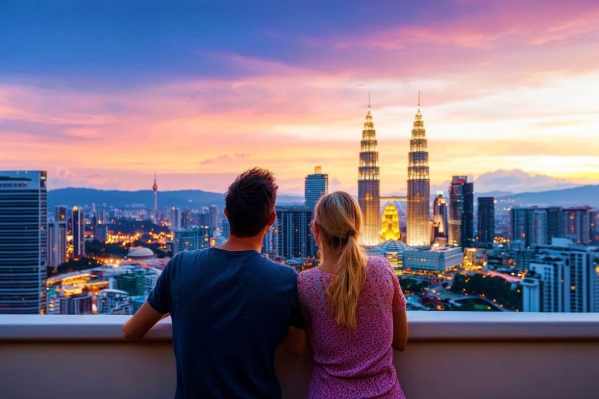 Couple viewing Kuala Lumpur skyline at sunset from high-rise balcony with illuminated Petronas Twin Towers